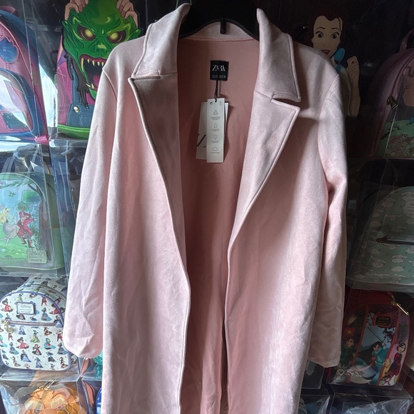 Zara Light Pink Faux Suede Long Line Coat Large Women - Picture 1 of 6